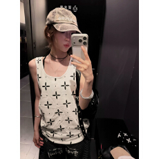 批发莫代尔棉 十字满印背心女夏季设计感辣妹修身短款无袖上衣
