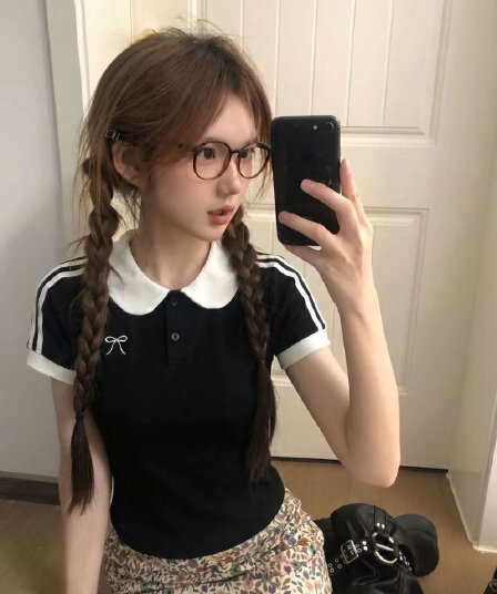 40 순면 패션 트렌드 배색 Chic 베이비 칼라 반팔 티셔츠 여성 여름 몸매 가꾸기 찌르다 의류
