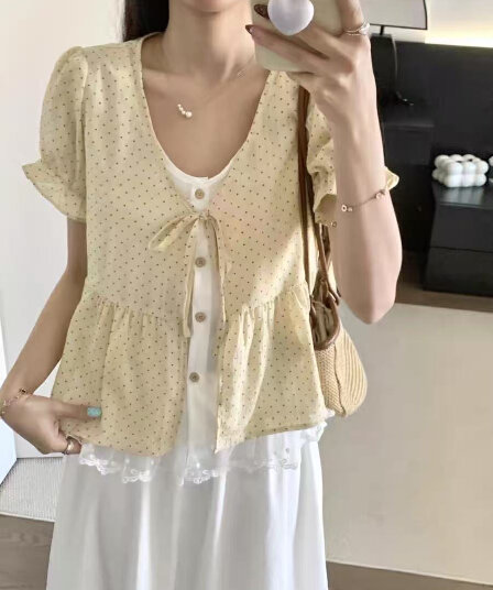 페이크 레이어드 원본 것 높은 품질 쉬폰 구름 면 도트 무늬 페이크 레이어드 레이스 레이스 레이스업 맨위