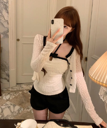 원본 원단 순수한 욕망 바람 자카드 오픈 가디건 긴팔 여성 코트 가을 작은 샤넬 스타일 행침 목 캐미솔 투피스 세트
