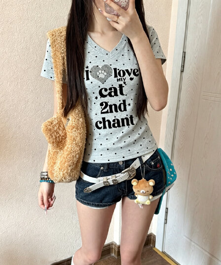 220 그램 40 1 1 순면 여름 새로운 한 부서 V넥 도트 무늬 패션 긍정적 인 어깨 프린트 섹션 반팔 티셔츠