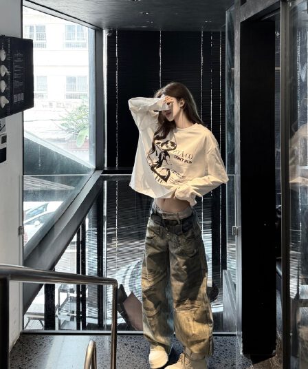 높은 품질 순면 200그램 21 빗질하다 정밀 프린트 가을 루즈핏 긴팔 티셔츠 여성