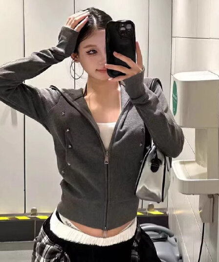 350 그램 면 리브 아메리칸 레트로 핫걸 몸매 가꾸기 후드 징 더블 머리 지퍼 쇼트 스타일 오픈 가디건