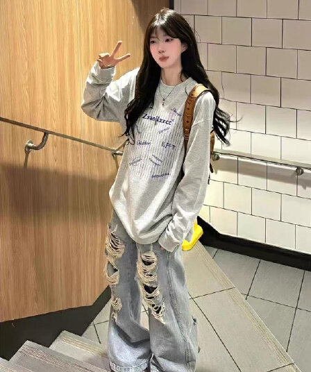 소매 있음 뭉치 구두 긴팔 티셔츠 21 순면 220 그램 이후 패키지 칼라 새로운 라운드 넥 프린트