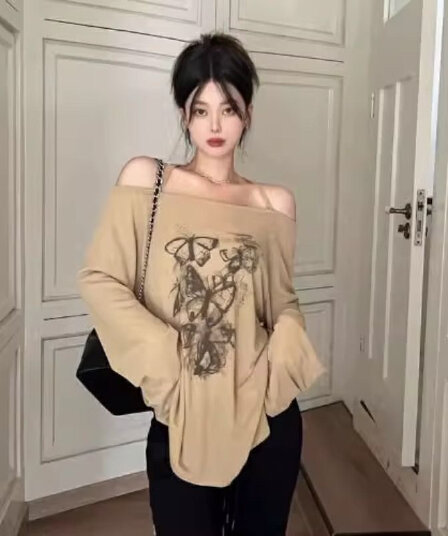 경관 그림 나비 프린트 오프숄더 티셔츠 여성 여름 중간 길이 느긋한 바람 오프숄더 맨위