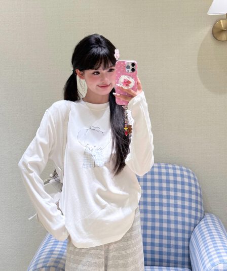 한 부서 순면 빗질하다 정밀 프린트 가을 루즈핏 긴팔 티셔츠 여성