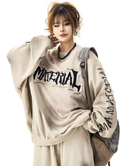 아메리칸 높음 거리 불모지 워시 오래된 패치 자수 라운드 넥 후드티 남녀 가을 루즈핏 조수 브랜드 맨위