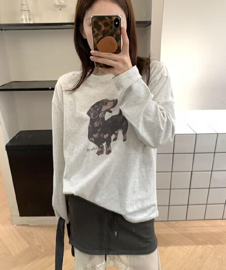 높은 품질 순면 200그램 21 빗질하다 정밀 프린트 가을 루즈핏 긴팔 티셔츠 여성