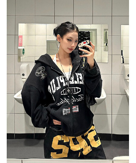 아메리칸 레트로 레이싱 바람 마 오래된 워싱 후드 오픈 가디건 후드티 여성 봄과 가을 지퍼 재킷 트렌디