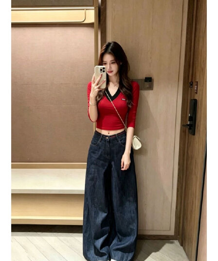 와 사고 방식 모달 260 그램 1 1 가을 새로운 V넥 배색 페이크 레이어드 긴팔 티셔츠