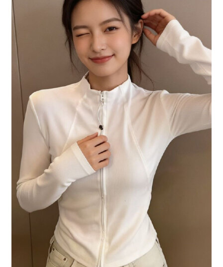 40 순면 리브 210 그램 1 1 가을 새로운 더블 지퍼 스탠드 칼라 긴팔 티셔츠 여성 셔츠