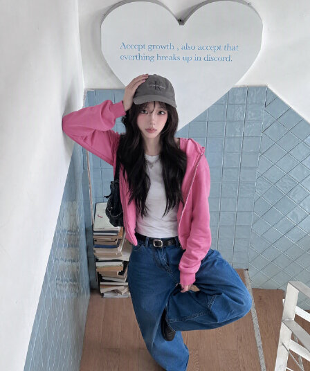 후아 면 복합 한 부서 핑크색 쇼트 스타일 후드 티 스웨터 여성 가을 2026 몸매 가꾸기 지퍼 재킷