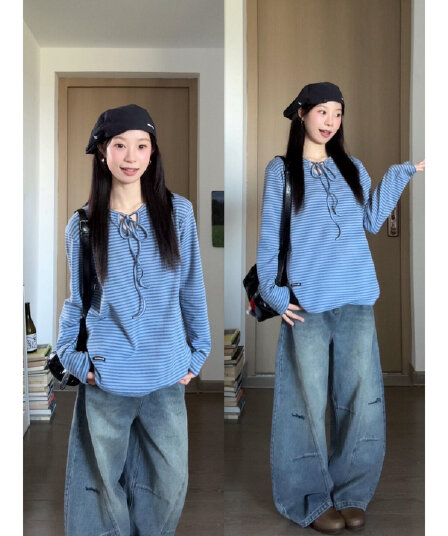 230 크 슈 따뜻한 면 긴팔 티셔츠 캐주얼 루즈핏 블루 체크무늬 레이스업 펌프 로프 네클라인