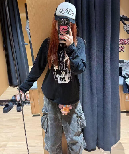 높은 품질 순면 200그램 21 빗질하다 정밀 프린트 가을 루즈핏 긴팔 티셔츠 여성