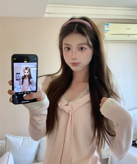 1 1 차가운 실크 코튼 210 그램 달콤함 핑크색 작은 대중 레이스 레이스 패치워크 V넥 긴팔 소녀 맨위