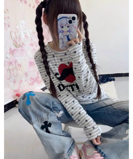 광저우 원단 대나무 마디 면 핫픽스 프린트 아메리칸 레트로 핫픽스 하트 긴팔