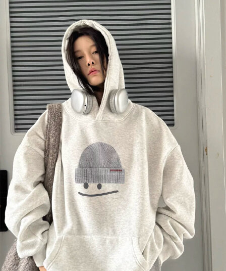 후아 면 복합 없음 모자 로프 있음 주머니 후드 티 스웨터 여성 프린트 얇은 스타일 털이 있는