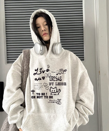 후아 면 복합 없음 모자 로프 있음 주머니 후드 티 스웨터 여성 프린트 얇은 스타일 털이 있는