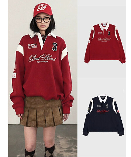 순수한 Mianhua 면 원본 솜씨 아메리칸 레트로 루즈핏 긴팔 패치워크 후드티 POLO 칼라 저지