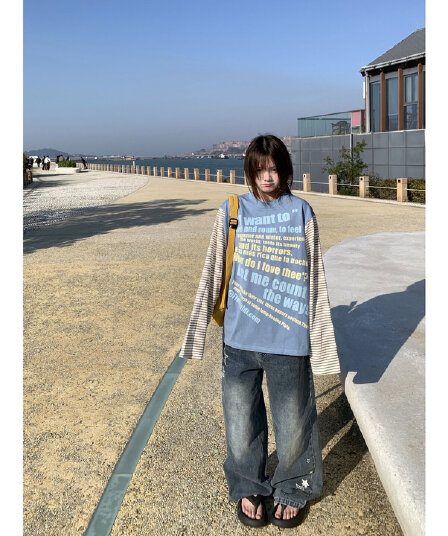 220 그램 21 슈퍼 쿨 면 긴팔 티셔츠 캐주얼 루즈핏 라운드 넥 패치워크