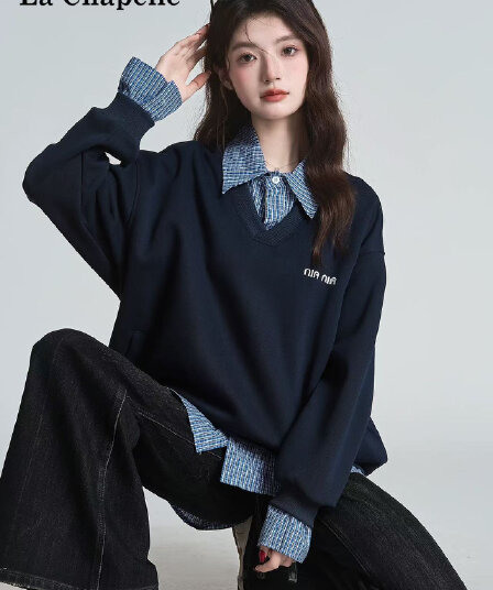 순수한 Mianhua 면 얇은 스타일 털이 있는 체크무늬 패치워크 페이크 레이어드 POLO 칼라 후드티