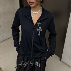 批发街舞潮牌宽松休闲正肩长袖外套烫钻立领<b class='q'>男</b>女运动服T恤百搭上衣