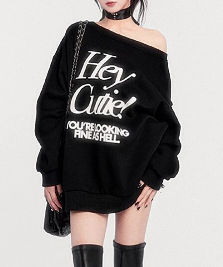 아메리칸 레트로 비스듬한 어깨 후드티 여성 가을 겨울 프린트 맨위