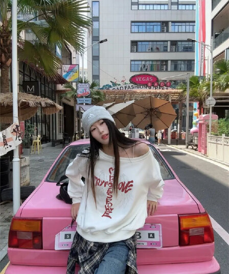 아메리칸 레트로 비스듬한 어깨 후드티 여성 가을 겨울 프린트 맨위