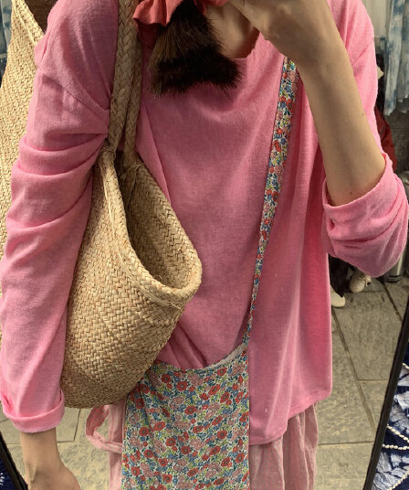 대나무 마디 리브 소녀 핑크색 긴팔 라운드 넥 티셔츠 맨위 느긋한 루즈핏 다용도 얇은 스타일 캐주얼 편안함 블라우스