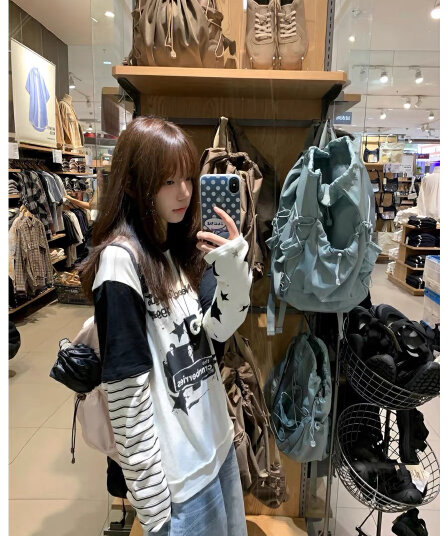 페이크 레이어드 순면 220 그램 빗질하다 닫기 긴팔 티셔츠 여성