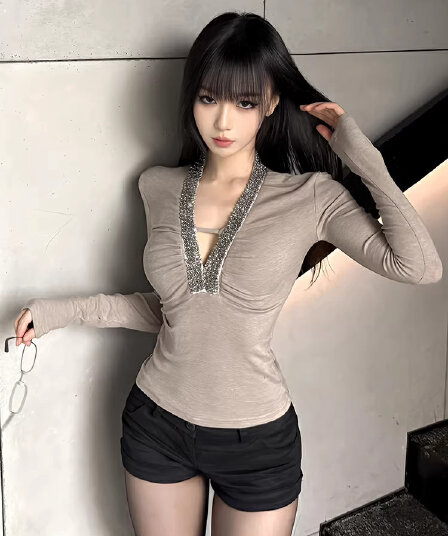 260 그램 사람들 면 모달 비즈 박기 V넥 긴팔 티셔츠 몸매 가꾸기 맨위