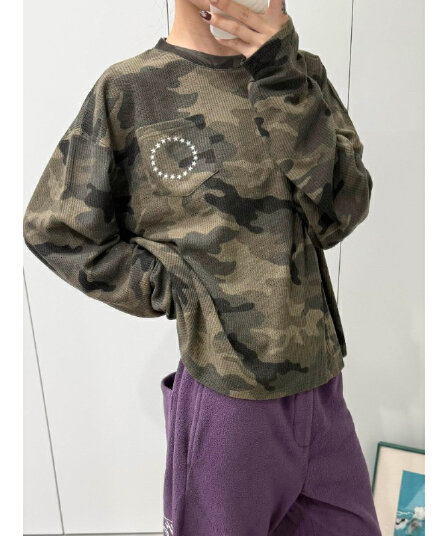 카모플라주 후아 남편 그리드 자수 긴팔