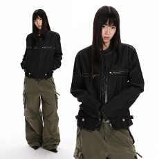 批发美式复古cleanfit潮流痞帅原牛色牛仔外套短款正肩高级感夹克男女