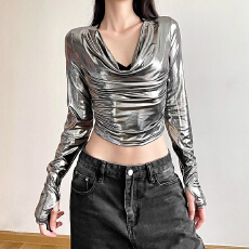 批发纯欲辣妹<b class='q'>夜店</b>风上衣女春秋美式亮面长袖t恤打底衫内搭