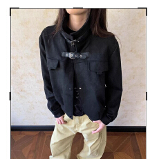 批发新款美式<b class='q'>潮牌</b>立领绑带设计感麂皮绒夹克早春宽松款机车个性外套