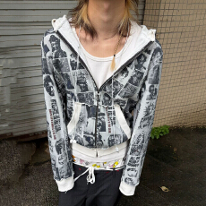 批发复古街头满印人像卷边连帽开衫<b class='q'>卫衣</b><b class='q'>男</b>女秋季慵懒小众拉链外套