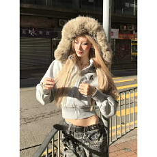 批发好质量 薄款/加绒 连帽大毛领可拆卸短款卫衣女秋冬修身上衣