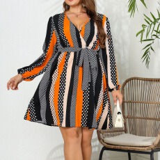 批发春夏新款跨境<b class='q'>欧美</b><b class='q'>外贸</b>亚马逊速卖通独立站V领系带大码连衣裙