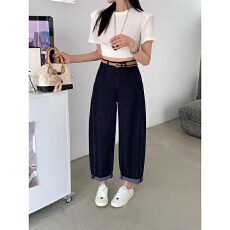 批发深蓝色显瘦洋气月亮裤牛仔萝卜裤夏季直筒裤女弯刀裤