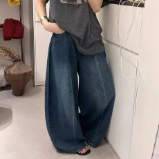 批发欧货复古高腰阔腿牛仔<b class='q'>裤</b>女秋季薄款做旧宽松显瘦休闲弯刀拖地长<b class='q'>裤</b>