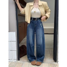 批发欧货深蓝色破洞弯刀<b class='q'>牛仔</b>裤女秋季高腰宽松显瘦休闲阔腿哈伦拖地裤