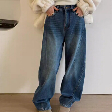 批发<b class='q'>欧洲站</b>2025冬款欧货女装休闲宽松斜裤缝水洗蓝加绒牛仔阔腿弯刀裤