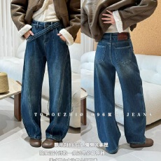 批发ouzhi欧制3096斜扣设计复合绒弯刀<b class='q'>裤</b>女冬季美式时尚阔腿牛仔长<b class='q'>裤</b>