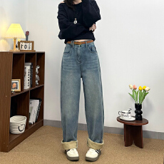 批发实拍~~加绒加厚<b class='q'>牛仔</b>裤女冬季2025年新款高腰外穿哈伦直筒老爹裤女