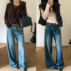 批发复古磨破加绒阔腿<b class='q'>牛仔裤</b>女<b class='q'>欧洲站</b>2025冬装新款欧货女装加厚裤子潮