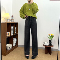 批发实拍~~复古直筒牛仔裤女冬季加绒小个子<b class='q'>高腰</b>显瘦九分窄版阔腿裤