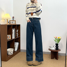 批发实拍~~深蓝色<b class='q'>高腰</b>加绒直筒牛仔裤女2025秋冬新款宽松直阔腿<b class='q'>九分裤</b>