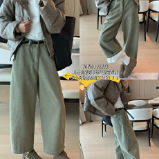 批发素心兰/YOUMO-宽松复合八分气球<b class='q'>裤</b>型水洗毛边牛仔<b class='q'>裤</b>(配腰带)72112