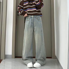 批发实拍~~复古小个子加绒直筒阔腿浅蓝色牛仔裤女秋韩系高腰宽松裤子