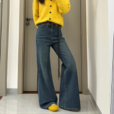 批发实拍~~秋冬新款韩版宽松高腰搭配腰带百搭加绒加厚微喇阔腿牛仔裤